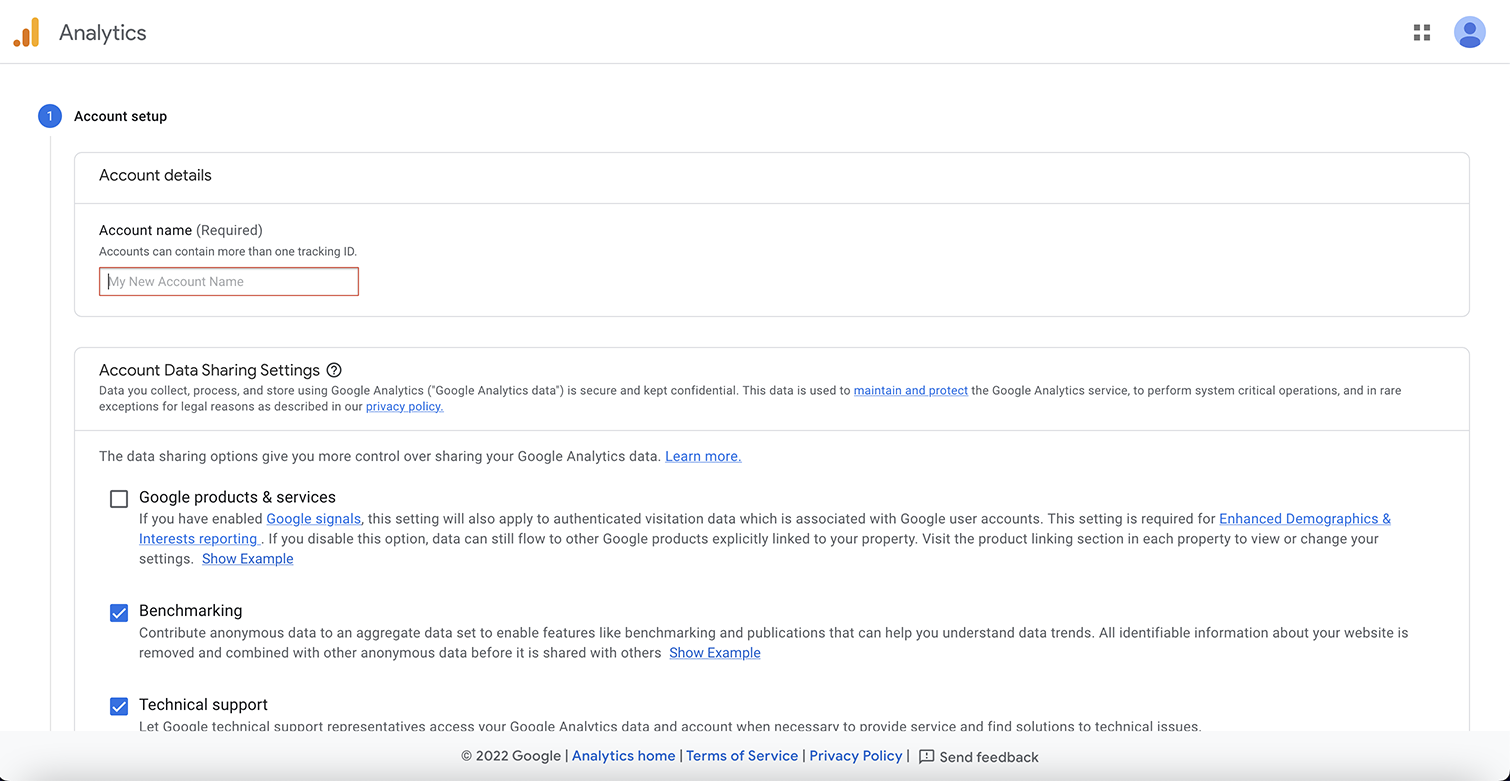 Google Analytics account setup scherm