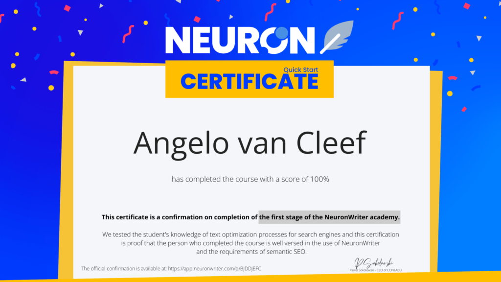 NeuronWriter certificaat - Angelo van Cleef